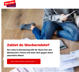 Teil-Screenshot der Website der Mietwucher-App, eine Person sitzt mit vielen Briefen und Dokumenten auf dem Boden in einer Wohnung.